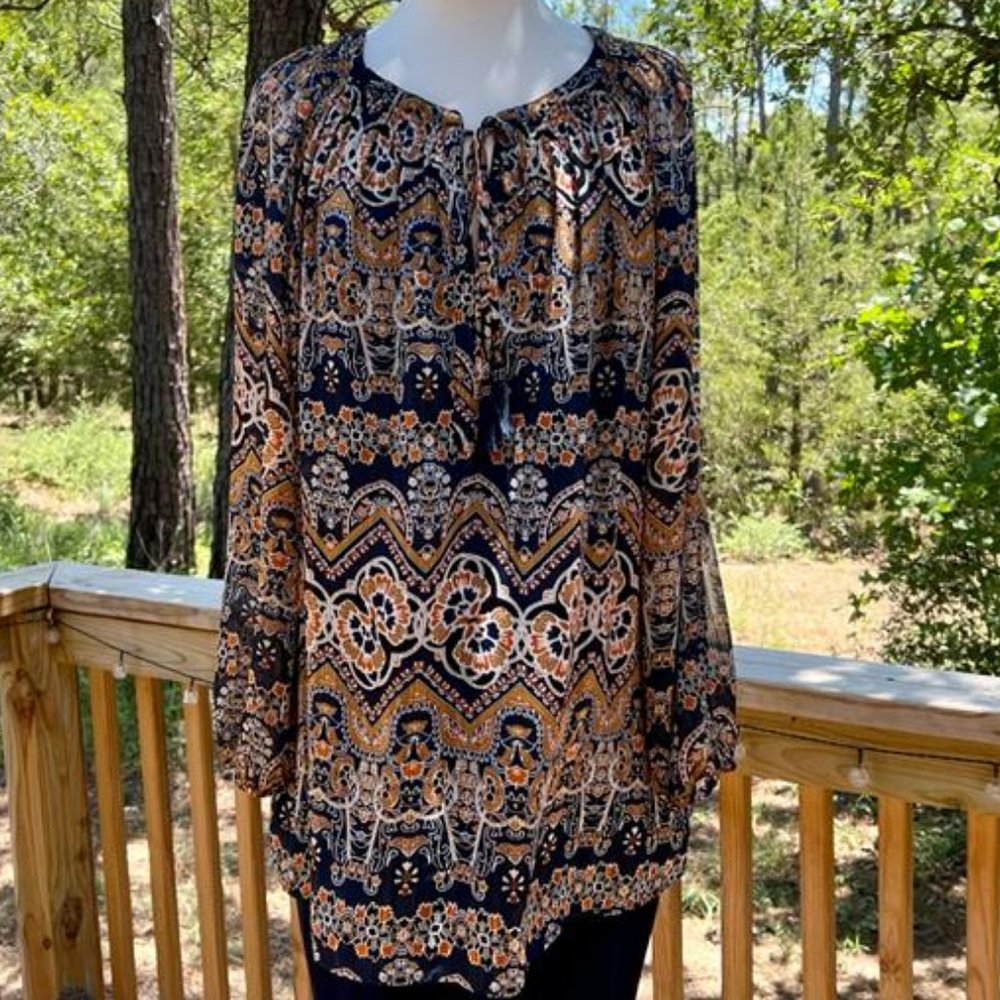 Daniel Rainn Women's 2X Long-Sleeve Lined Floral-Print Top